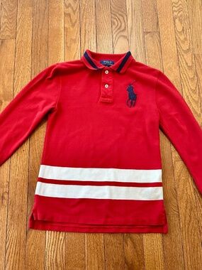 Polo Ralph Lauren Boys Red Long Sleeve Polo Shirt Big Pony Striped Hem Size 8